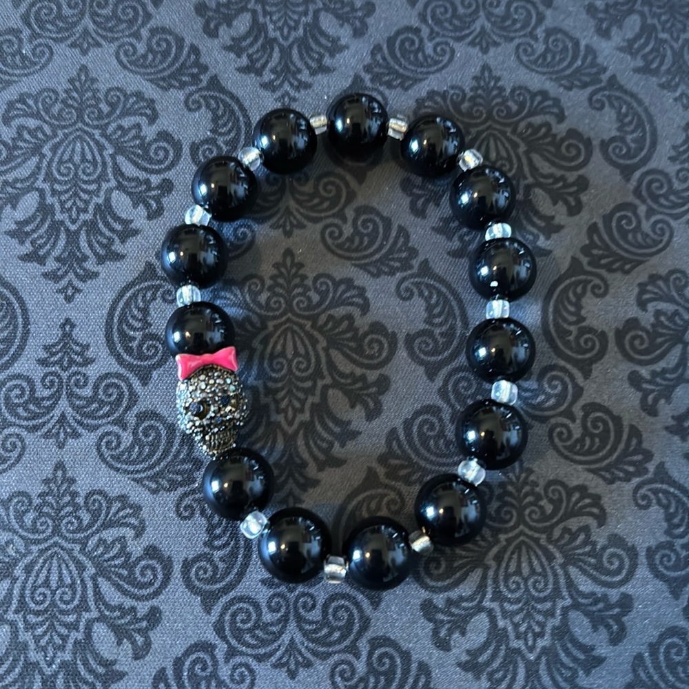 COPY - Betsy Johnson black beaded skull adjustable bracelet-skull rotates